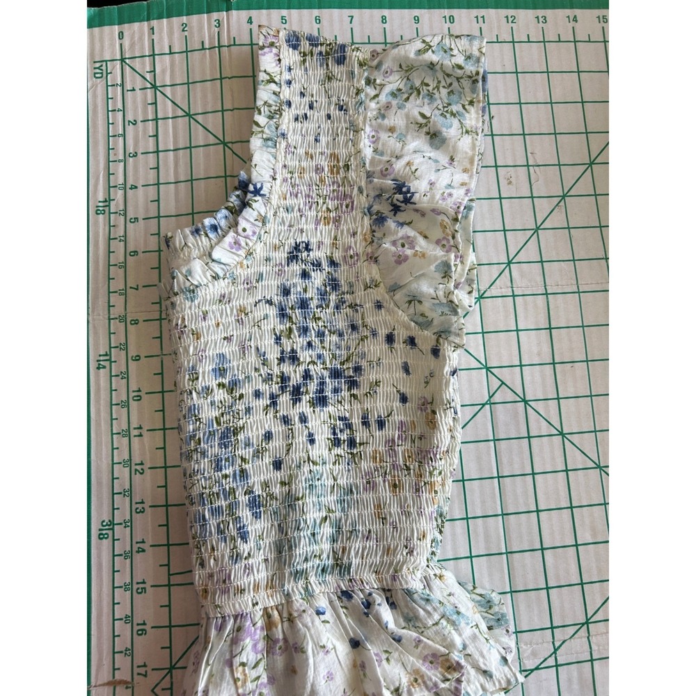 By River Floral Smocked Midi Dress Blue White Ruffle Small Cottage Boho Fairy - Picture 6 of 10
